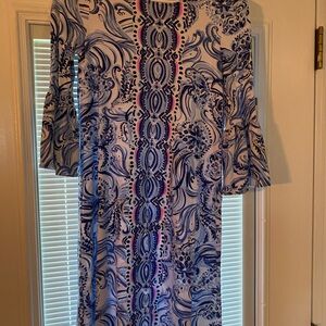 Lilly Pulitzer Blue and Pink Midi Dress with Bell Sleeves